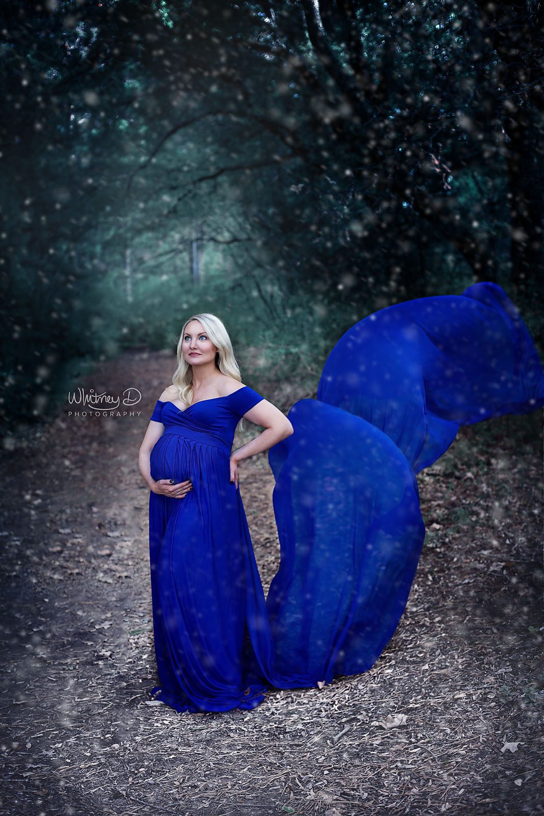 Pregnant mom in blue maternity gown in the snow with Whitney D. Photography in Conway, Arkansas