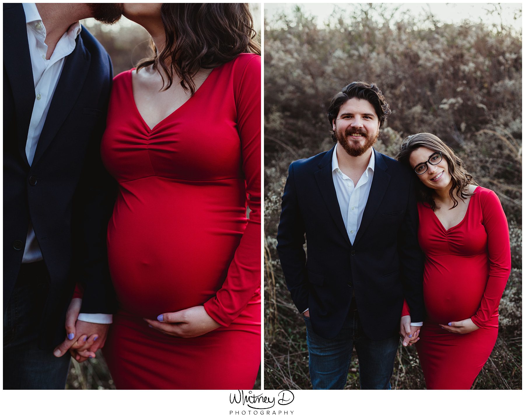 Pregnant mom in red dress in the woods for maternity session with Whitney D. Photography in Conway, Arkansas