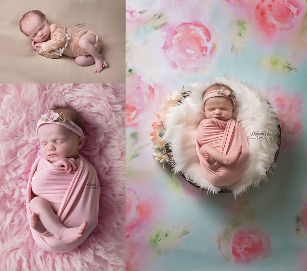 Newborn baby girl in pink wrap and floral background in Conway