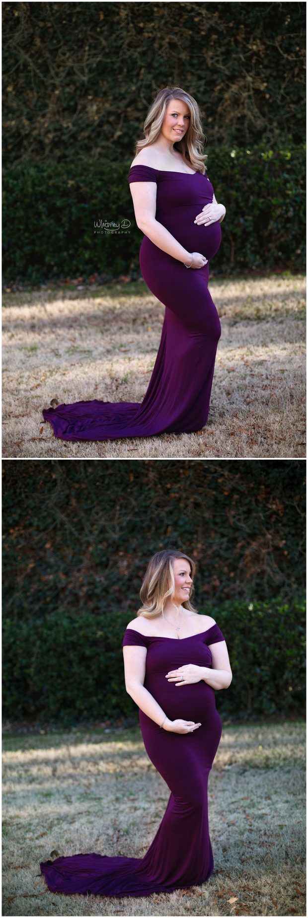 Maternity mom in purple gown outside