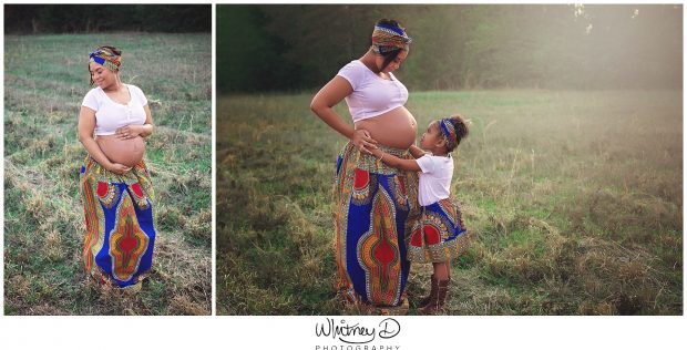 Glowing pregnant mom in African skirt at Whitney D. Photography in Conway, Arkansas