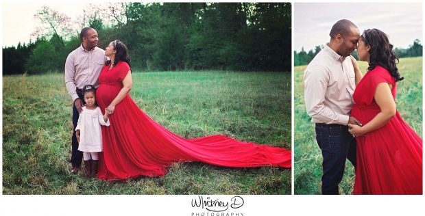 Glowing pregnant mom in red, flowing dress at Whitney D. Photography in Conway, Arkansas
