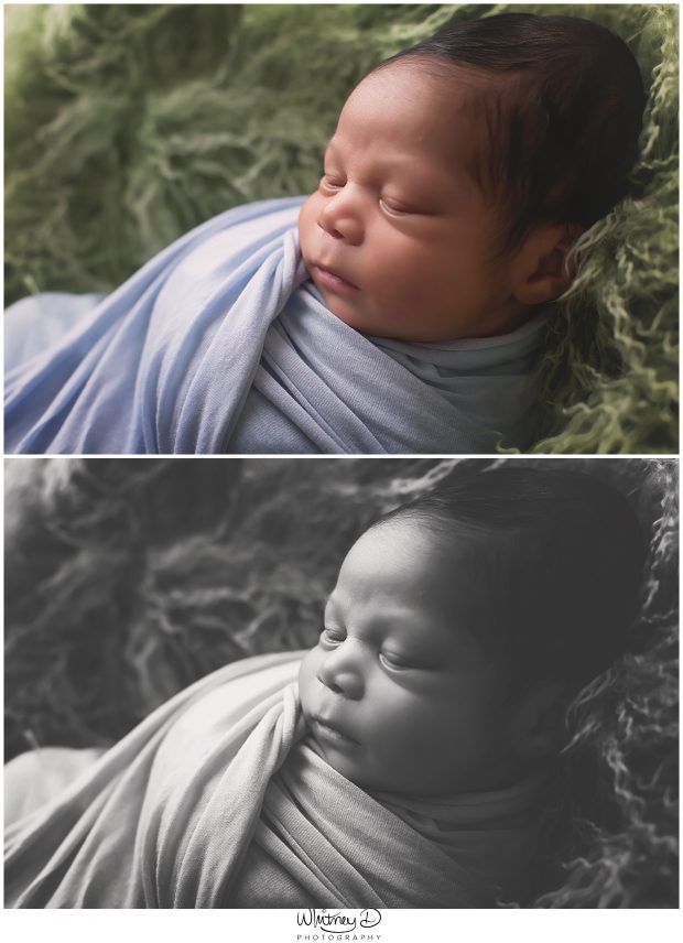 Newborn in blue wrap at Whitney D. Photography in Conway, Arkansas