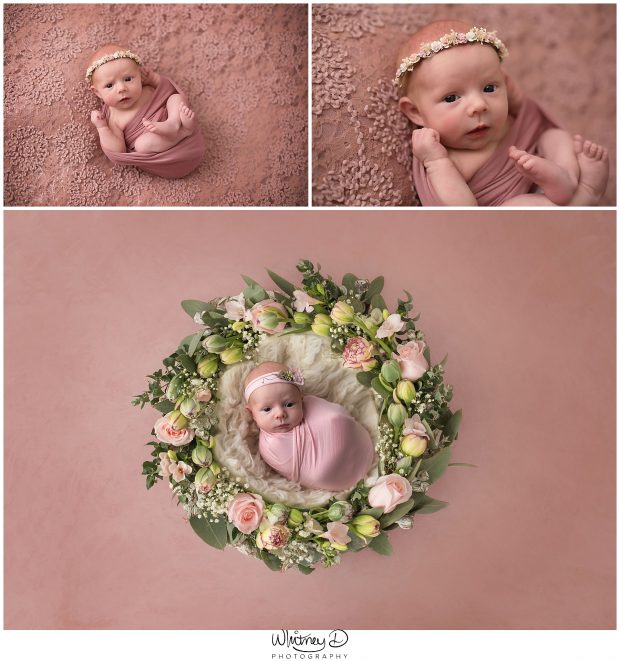 Newborn in pink and in floral wreath at Whitney D. Photography in Conway, Arkansas