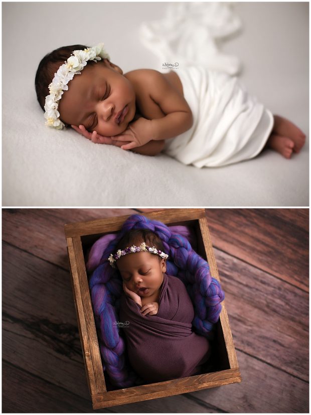 Newborn baby girl on white and purple at Whitney D. Photography in Conway, Arkansas
