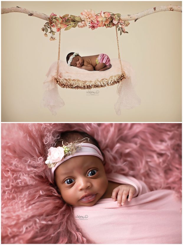 Newborn baby girl in pink and on a swing at Whitney D. Photography in Conway, Arkansas