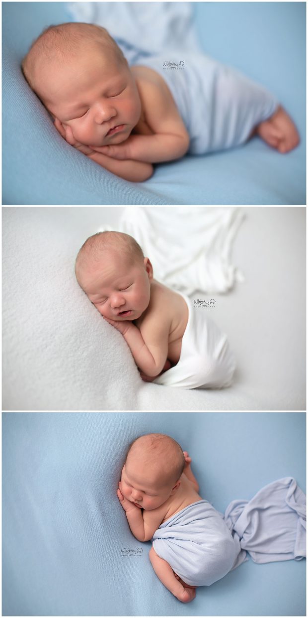 Newborn baby on blue and white at Whitney D. Photography in Conway, Arkansas