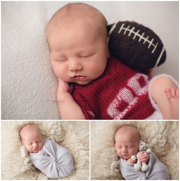 Newborn razorback baby with football at Whitney D. Photography in Conway, Arkansas