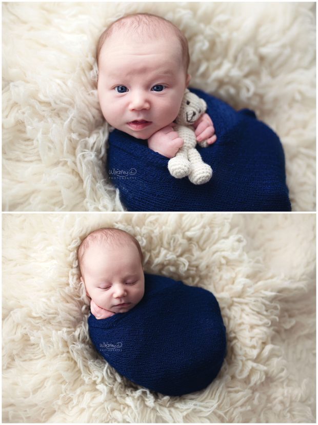 Newborn baby boy wrapped in blue at Whitney D. Photography in Conway, Arkansas