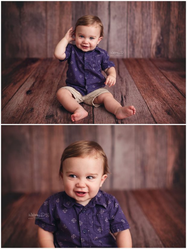 Birthday baby sitting on wood backdrop at Whitney D. Photography in Conway, Arkansas