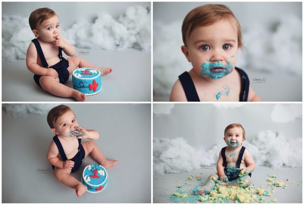 Baby turning one with time flies theme eating cake at Whitney D. Photography in Conway, Arkansas