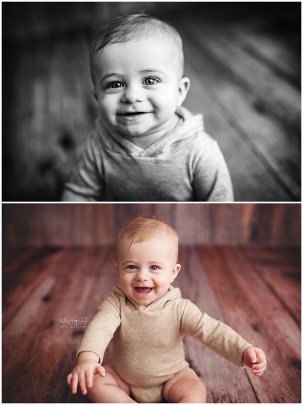 Baby boy smiling on wood backdrop at Whitney D. Photography in Conway, Arkansas