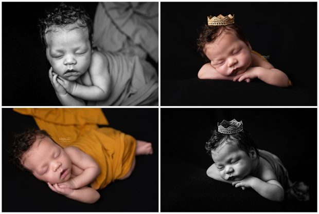 Newborn baby in black and gold at Whitney D. Photography in Conway, Arkansas