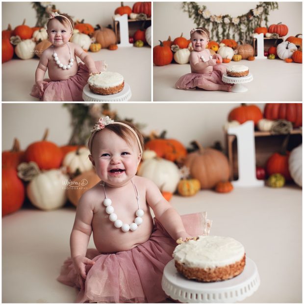Birthday baby girl eating cake with pumpkins at Whitney D. Photography in Conway, Arkansas