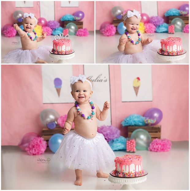 Baby girl eating ice cream cake at first birthday session at Whitney D. Photography in Conway, Arkansas