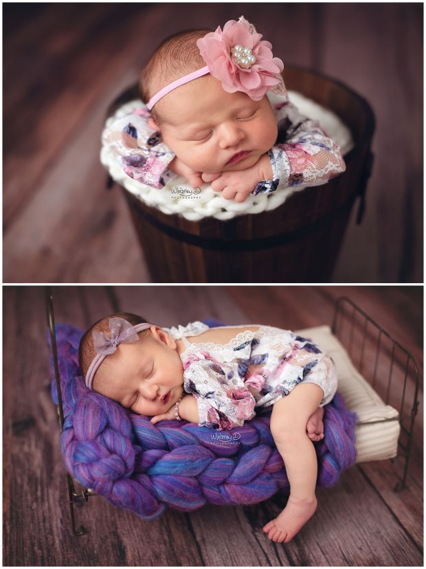 Newborn baby girl sleeping in bucket and on a bed at Whitney D. Photography in Conway, Arkansas