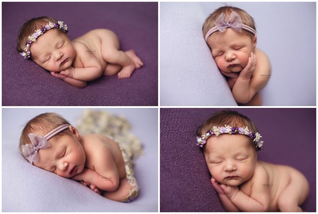 Newborn baby girl sleeping posed on purple background at Whitney D. Photography in Conway, Arkansas