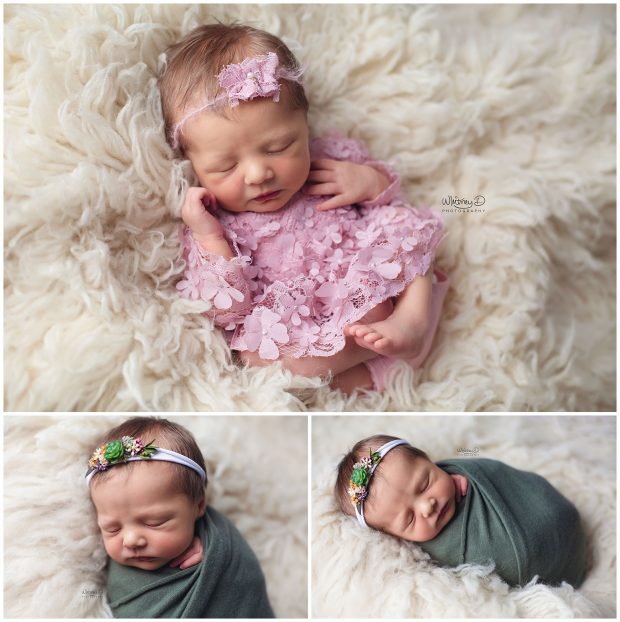 Newborn baby girl in pink outfit and green wrap at Whitney D. Photography in Conway, Arkansas