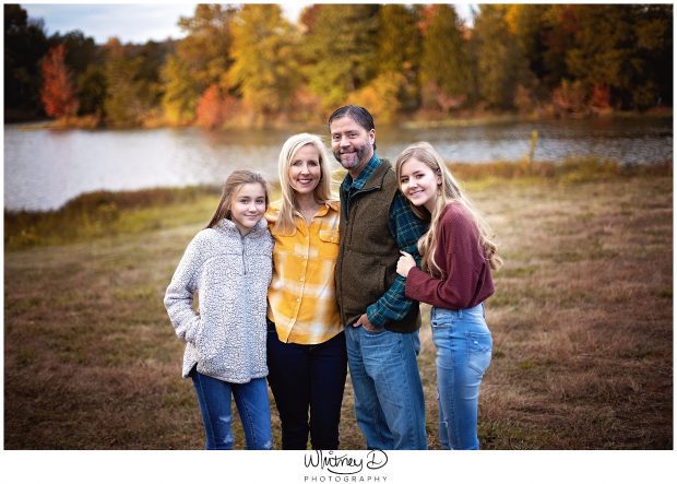 Fall Family photo at lake with Whitney D. Photography in Conway, Arkansas
