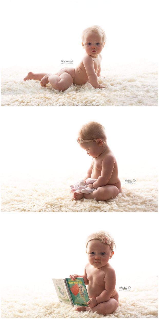 Six month old baby girl back lit with lovey and book at Whitney D. Photography in Conway, Arkansas