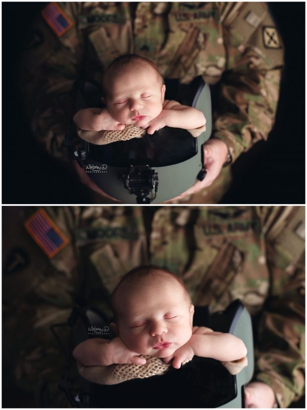 Newborn baby boy in air force military flight helmet at Whitney D. Photography in Conway, Arkansas