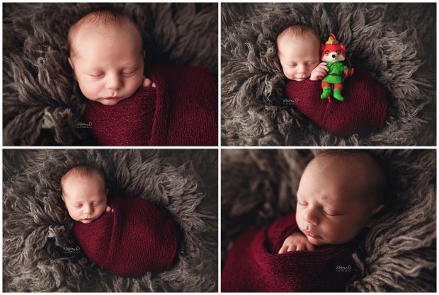 Newborn baby boy wrapped in red with Robin Hood at Whitney D. Photography in Conway, Arkansas