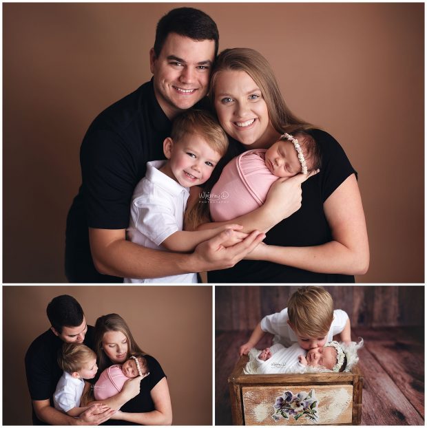 Newborn baby girl with family at photography session at Whitney D. Photography in Conway, Arkansas