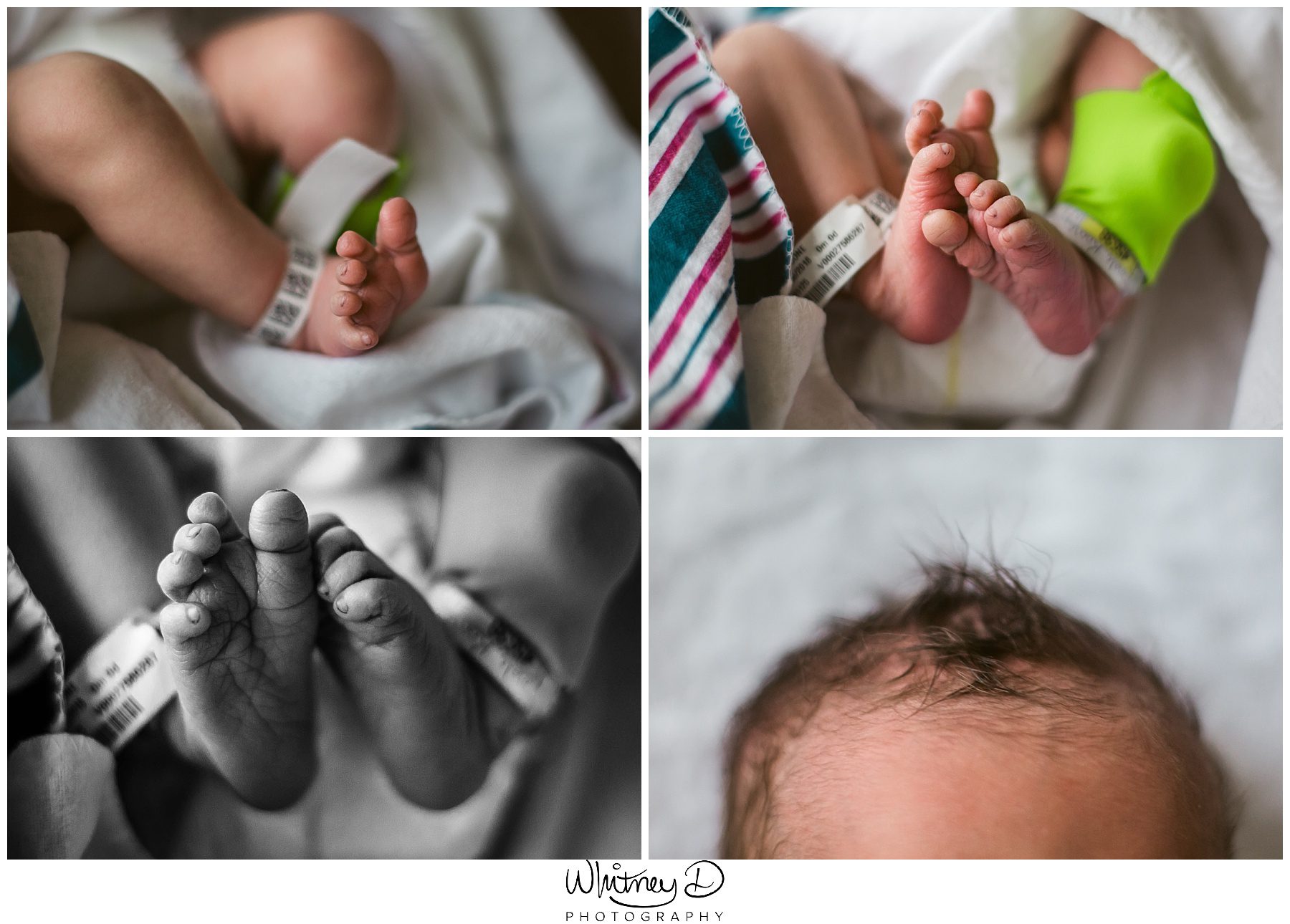 Newborn baby boy feet and hair details at Fresh 48 session in Conway Regional hospital with Whitney D. Photography