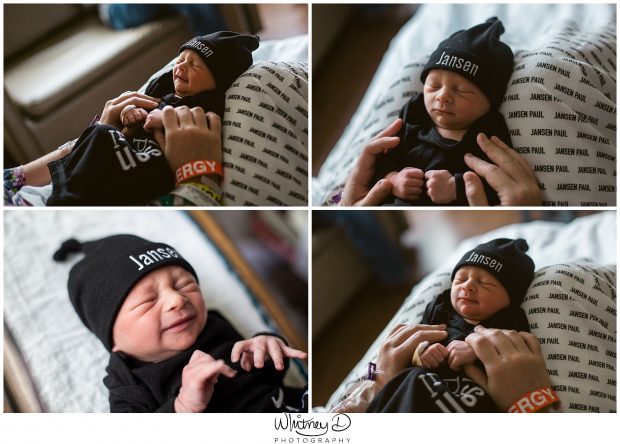 Newborn baby boy on lap at Fresh 48 session in Conway Regional hospital with Whitney D. Photography