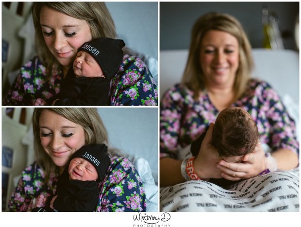Newborn baby boy with mom at Fresh 48 session in Conway Regional hospital with Whitney D. Photography