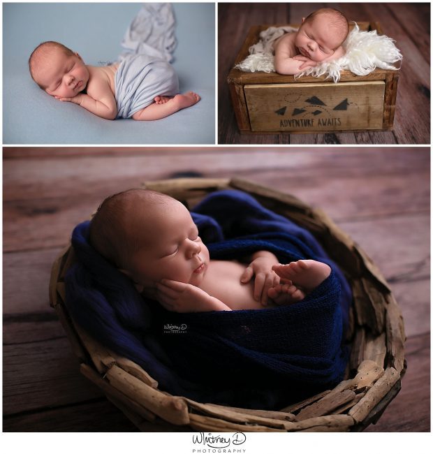 Newborn baby boy posed in bowl and crate at Whitney D. Photography in Conway, Arkansas