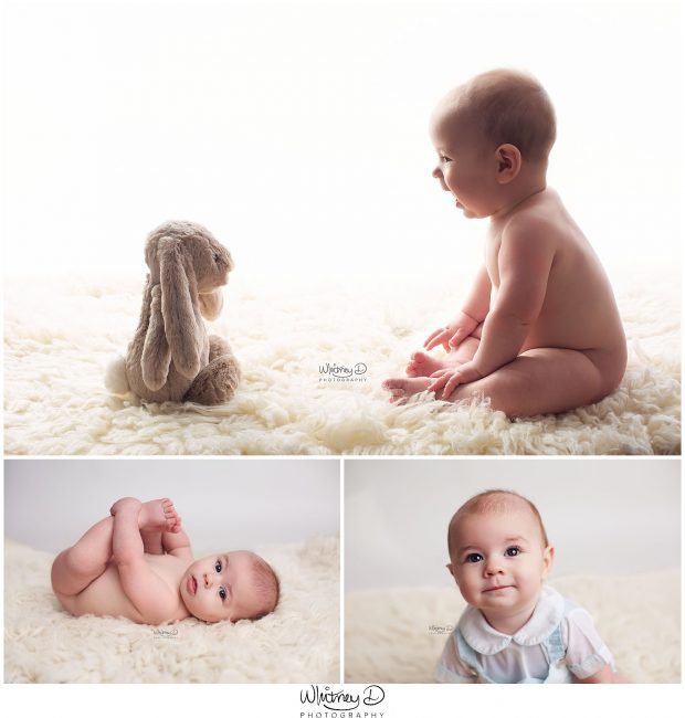 Baby boy smiling at bunny and laying on his back at Whitney D. Photography in Conway, Arkansas