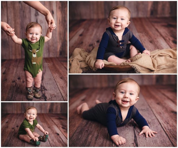 Six month baby boy in deer onesie on wood backdrop at Whitney D. Photography in Conway, Arkansas