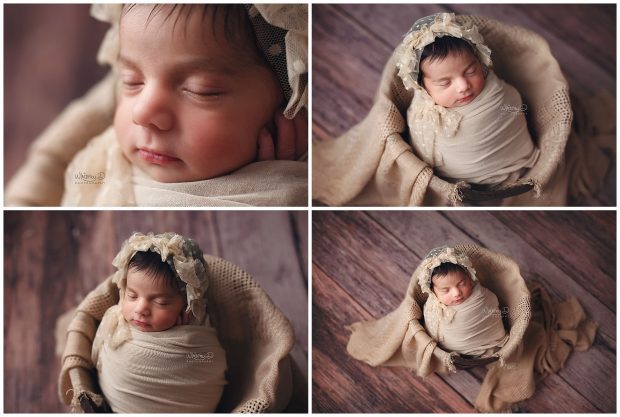Newborn baby girl in a bonnet in earth tones for newborn session at Whitney D. Photography in Conway, Arkansas