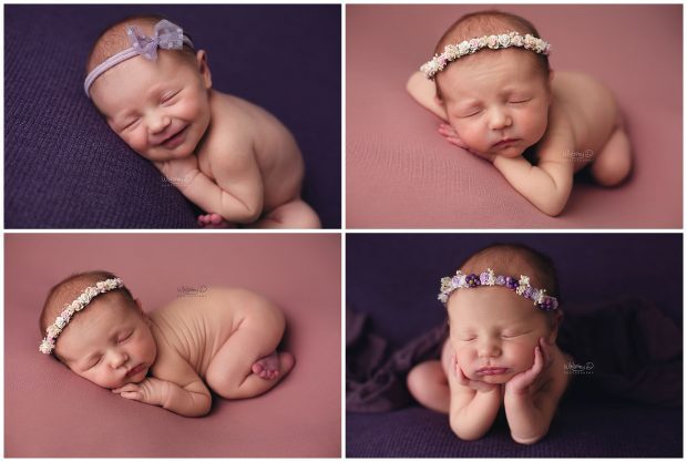 Newborn baby girl on pink and purple posed for newborn session at Whitney D. Photography in Conway, Arkansas