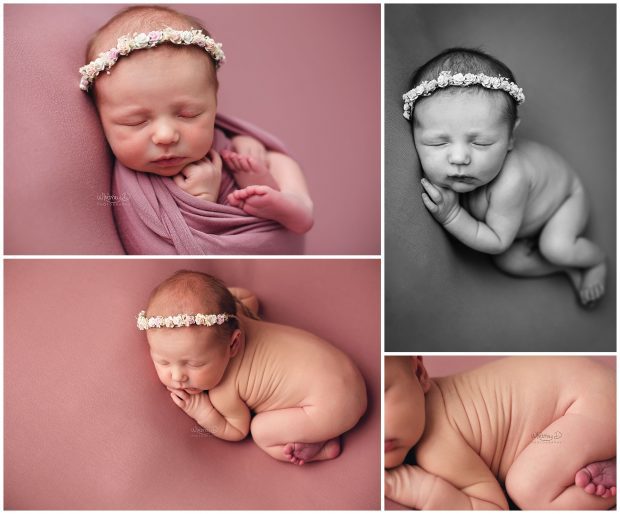 Newborn baby girl on pink posed for newborn session at Whitney D. Photography in Conway, Arkansas