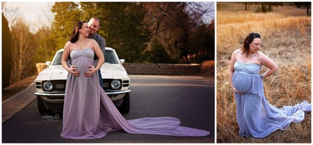 Pregnant woman with husband in front of antique mustang with Whitney D. Photography in Conway, Arkansas