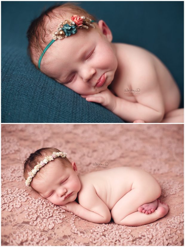 Newborn baby girl on pink lace background at Whitney D. Photography in Conway, Arkansas