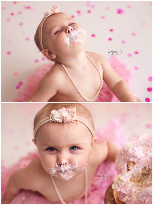 Baby girl first birthday session with pink and gold eating cake for cake smash at Whitney D. Photography in Conway, Arkansas