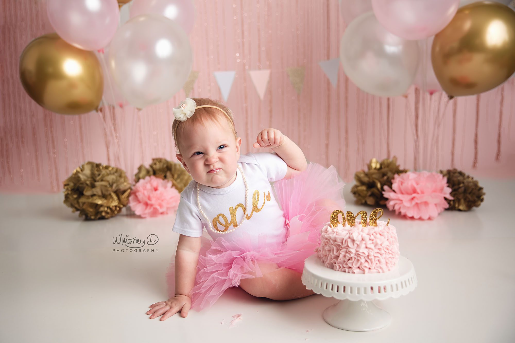 Girl pink and gold cake smash first birthday